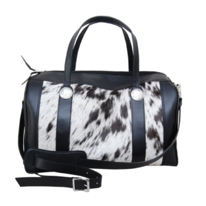 Duffel Bag with Cowhide & Leather Trims, Shoulder Strap, Leather Handles & Buff Calf Conchos