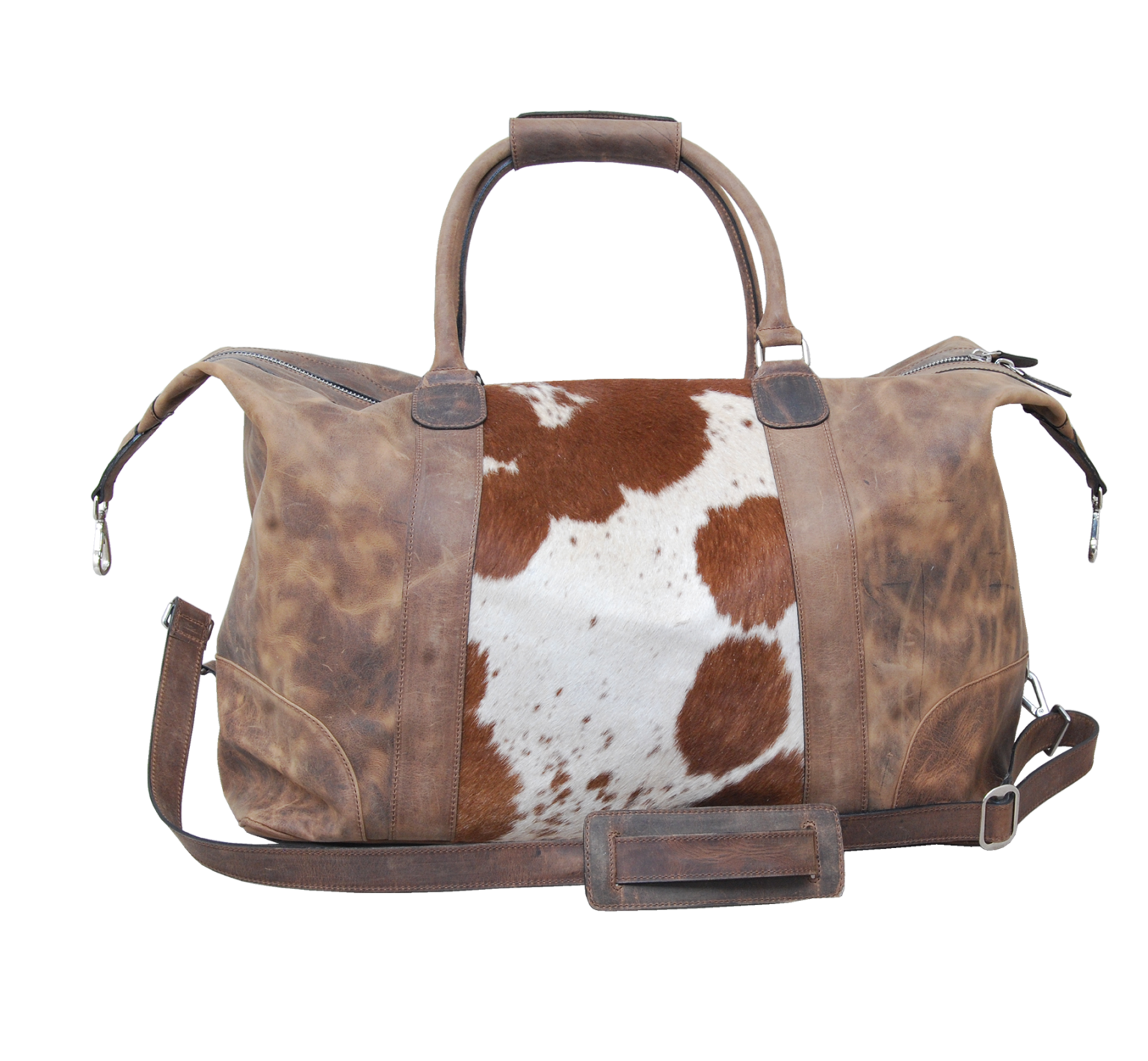 Western Duffel Bag with Cowhide, Leather Removable Strap & Leather Handles with Top Zipper SB