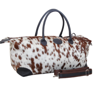 Western Duffel Bag with Cowhide, Leather Removable Strap & Leather Handles with Top Zipper