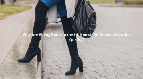 Woman wearing premium leather riding boots in an urban setting, highlighting UK-quality leather boots by SB Leathers