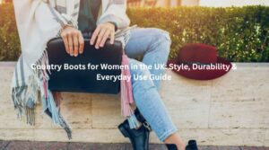 Woman wearing stylish leather country boots for everyday countryside fashion in the UK
