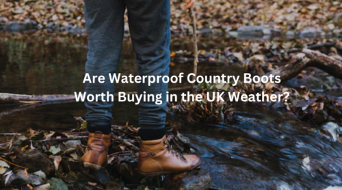 Person wearing waterproof country boots while walking on a muddy countryside trail in the UK