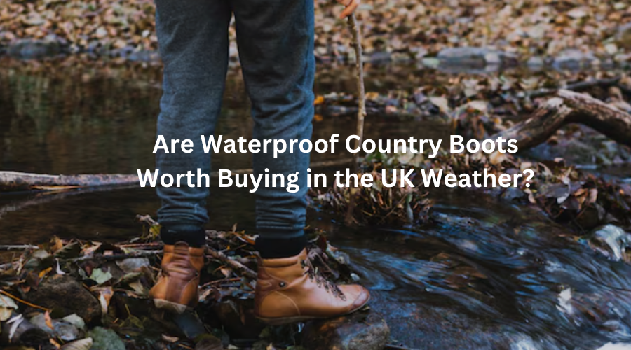 Person wearing waterproof country boots while walking on a muddy countryside trail in the UK