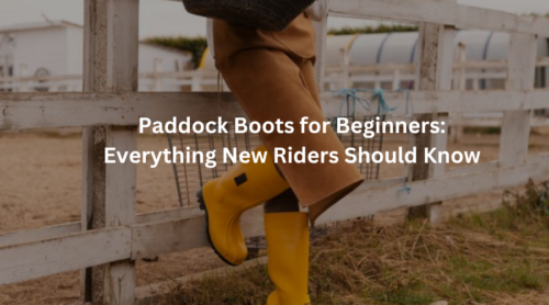 Beginner rider wearing leather paddock boots during a horse riding lesson at an equestrian stable.
