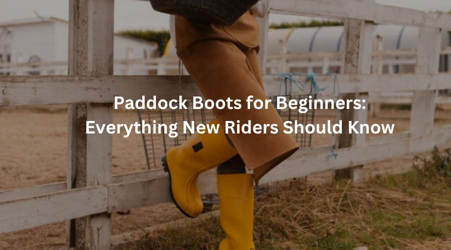 Beginner rider wearing leather paddock boots during a horse riding lesson at an equestrian stable.