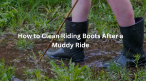 Cleaning leather riding boots after a muddy ride with a soft brush and cloth.