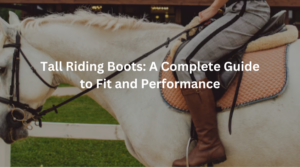 Rider wearing tall riding boots while horseback riding in an outdoor arena.